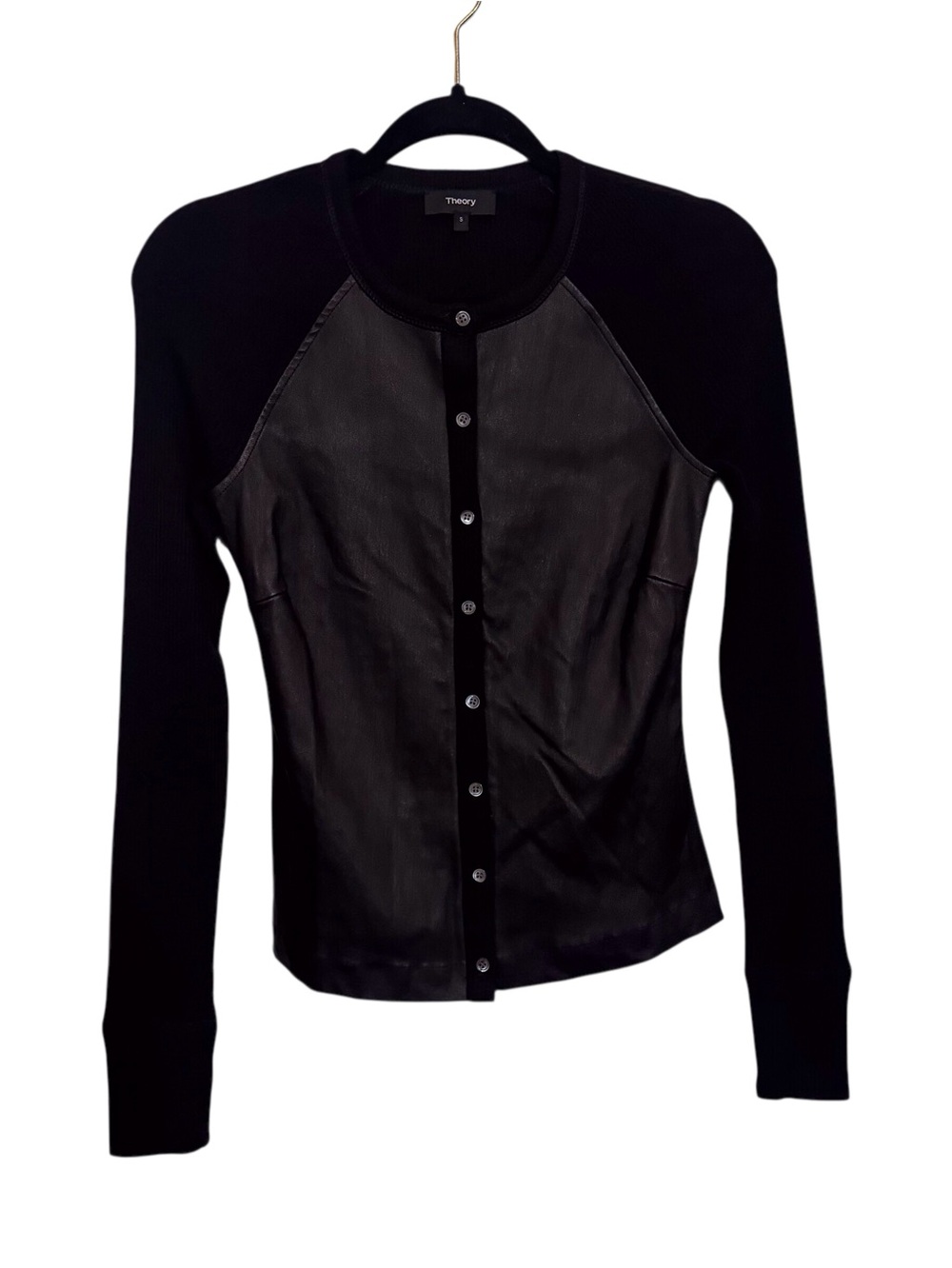 Theory Small Black Combo Raglan Ribbed Cardigan Top Lamb Leather Wool Button Up